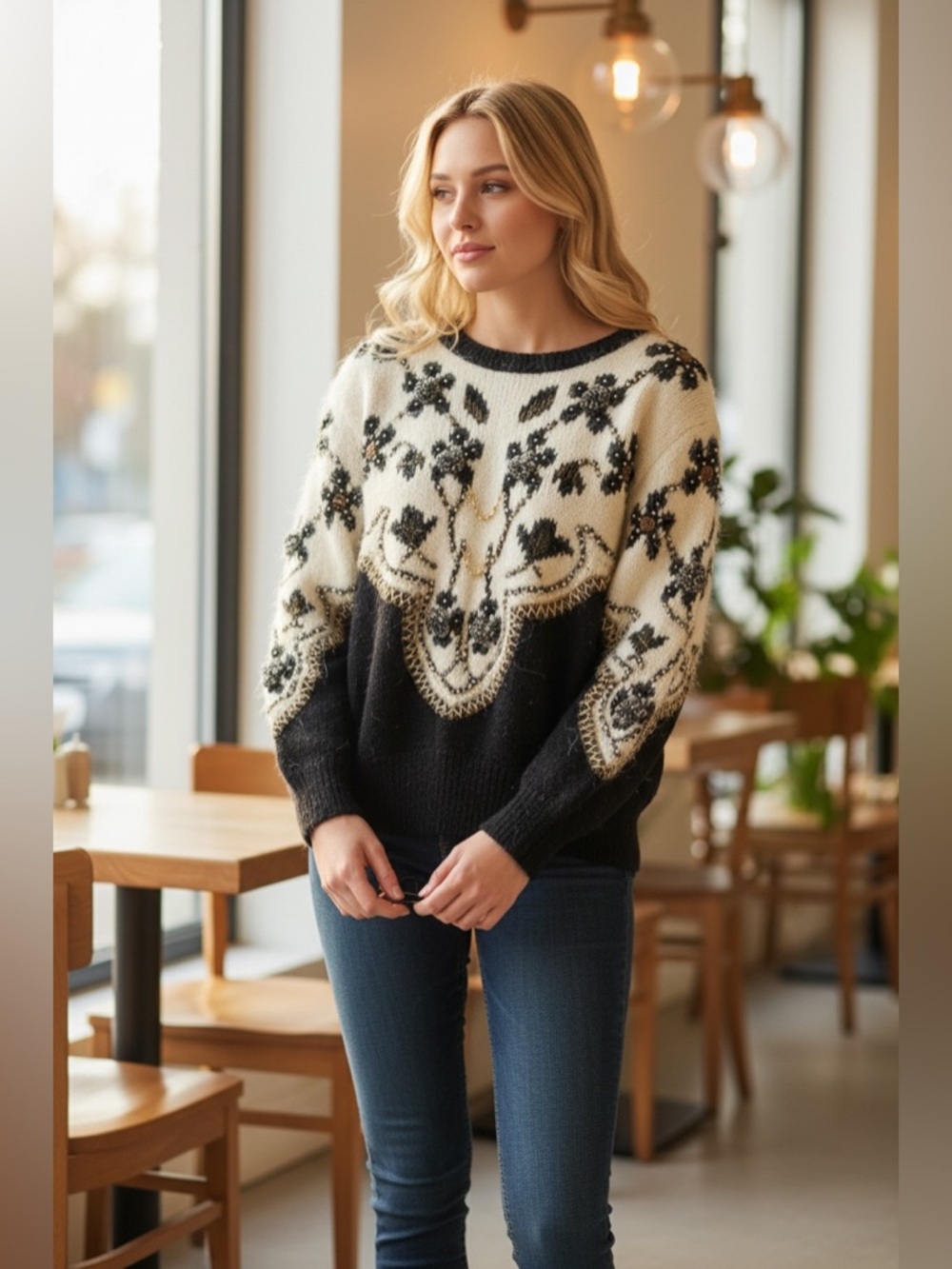 Embellished Black & Cream Floral Knit Sweater